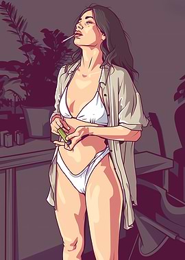 Sexy Woman in Bikini Smoking