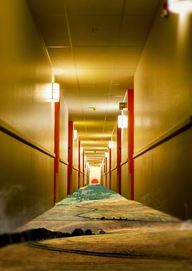 Encapsulated Plain. Red Sun at the Hallway's End