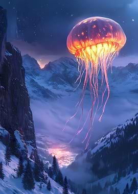 Glowing Jellyfish Floating Over Snowy Mountains