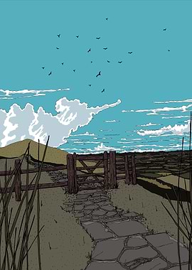 Rural Landscape with Gate and Birds