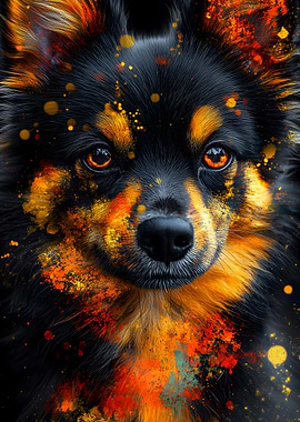 Dog Pomeranian Portrait with Abstract Color Splashes Animal