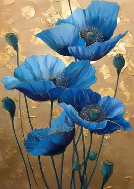 Blue Poppies with Gold Background Painting