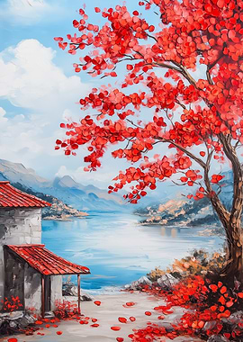 Red Tree by Lake Painting