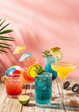 Tropical Cocktails on Wooden Table