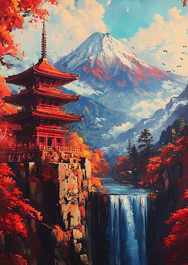 Japanese Pagoda with Waterfall and Mountain