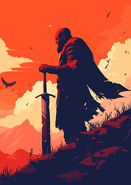 Viking Warrior with Sword at Sunset After Battle Minimalist Art Illustration