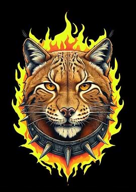 Bobcat with Spiked Collar and Flames