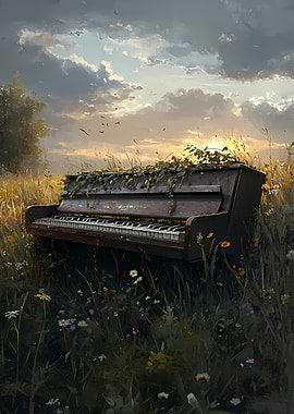 Abandoned Piano in a Field of Wildflowers at Sunset