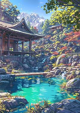 Japanese Temple and Mountain Landscape