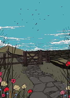 Rural Path with Gate and Flowers