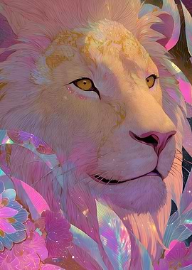 Lion Portrait with Floral Accents