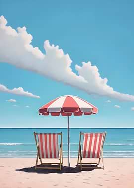 Beach chairs and umbrella on beach