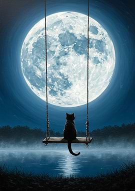 Cat on Swing Under Moonlight