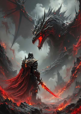 Knight facing a dragon in fantasy landscape