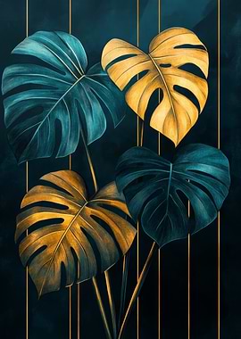 Monstera Leaves Art | Geometric Gold Monstera Print | Modern Botanical Elegance