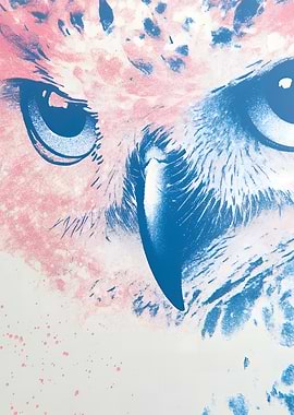 Abstract Owl Portrait in Blue and Pink