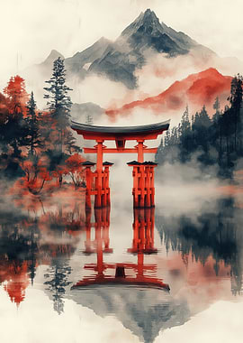 Japanese Torii Gate in Misty Landscape
