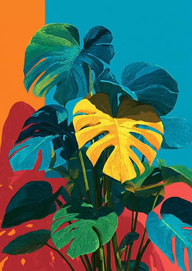 Colorful Monstera Plant Art | Retro Tropical Monstera Print Leaf Art