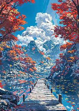 Autumn Mountain Lake Pier Landscape