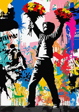 Boy with Flowers Graffiti Art