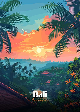 Bali Indonesia Tropical Landscape Illustration