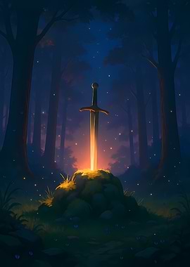 Magical Sword in a Mossy Stone Deep in the Night Forest