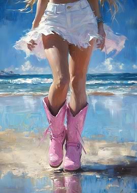Pink Boots on the Beach Painting