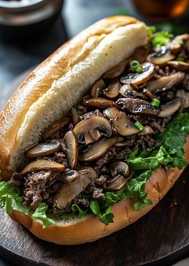 Delicious Mushroom Cheesesteak Sandwich Close-Up