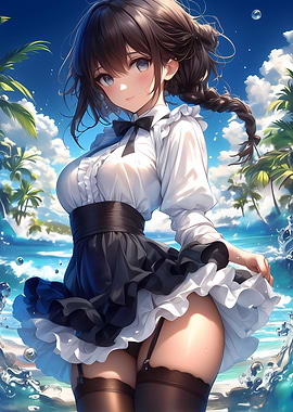 Anime Girl in Maid Outfit on Beach Cute