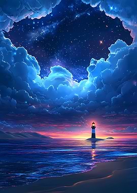 Lighthouse on a Coastal Island Beneath a Starry Sky
