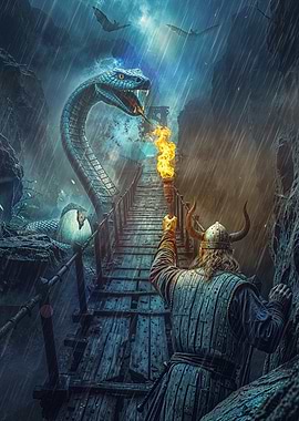 Viking and Serpent on Bridge