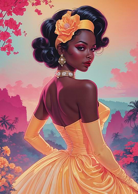 Elegant Black Pin-Up in Yellow Dress