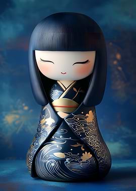 Japanese Kokeshi Doll in Blue Kimono