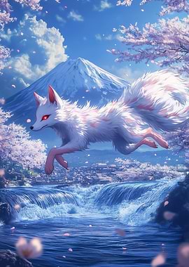 Fox Spirit over Waterfall and Village