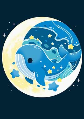 Whale and Moon Cartoon Illustration