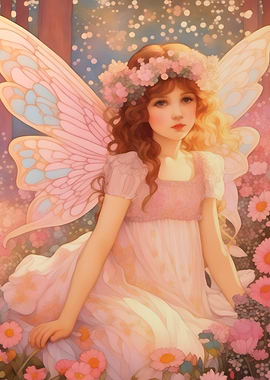 Enchanted Forest Fairy with Pink Wings and Flower Crown in Dreamy Meadow