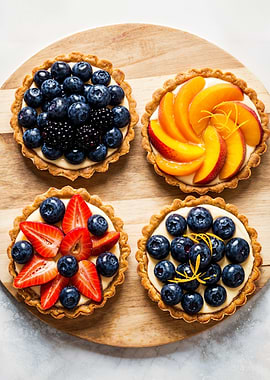 Four Fruit Tarts on Wooden Board
