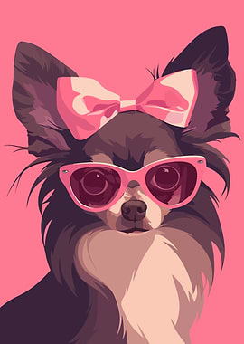 Chihuahua with Pink Bow and Sunglasses Cute Minimalist Art Illustration
