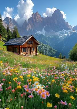 Mountain Cabin in a Flower Meadow