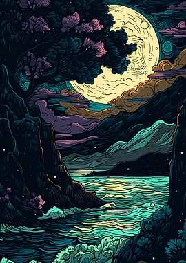 Moonlit Seascape with Tree and Cliffs