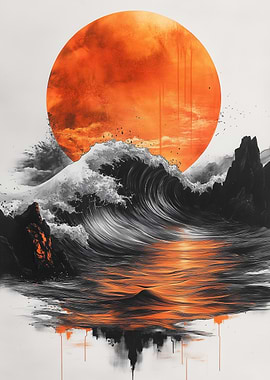 Orange Sun Over Black and White Waves