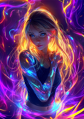 Glowing Girl with Neon Lights