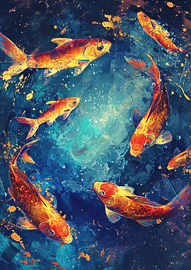 Koi Fish in Blue Water Painting