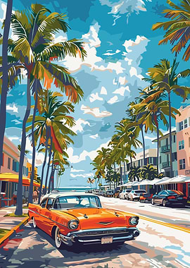 Orange Classic Car on Tropical Street
