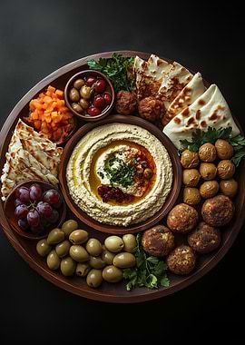 Hummus platter with various appetizers