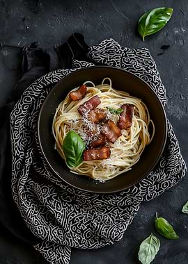 Spaghetti Carbonara with Bacon and Basil