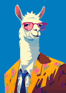 Funny Stylish Llama with Floral Suit Minimalist Art Illustration