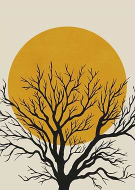 Minimalist Tree Silhouette with Golden Sun