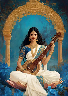 Saraswati playing Veena on Lotus