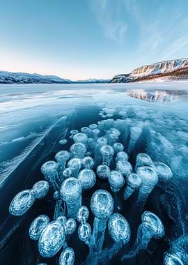 Frozen methane bubbles in Abraham Lake